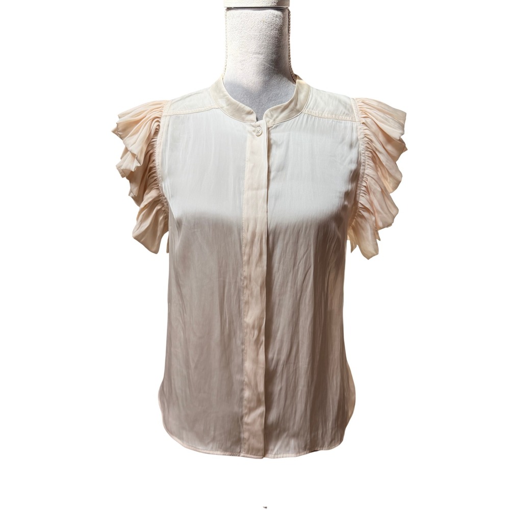 Zadig & Voltaire Cream Ruffled Cap Sleeve Band Collar Blouse Top